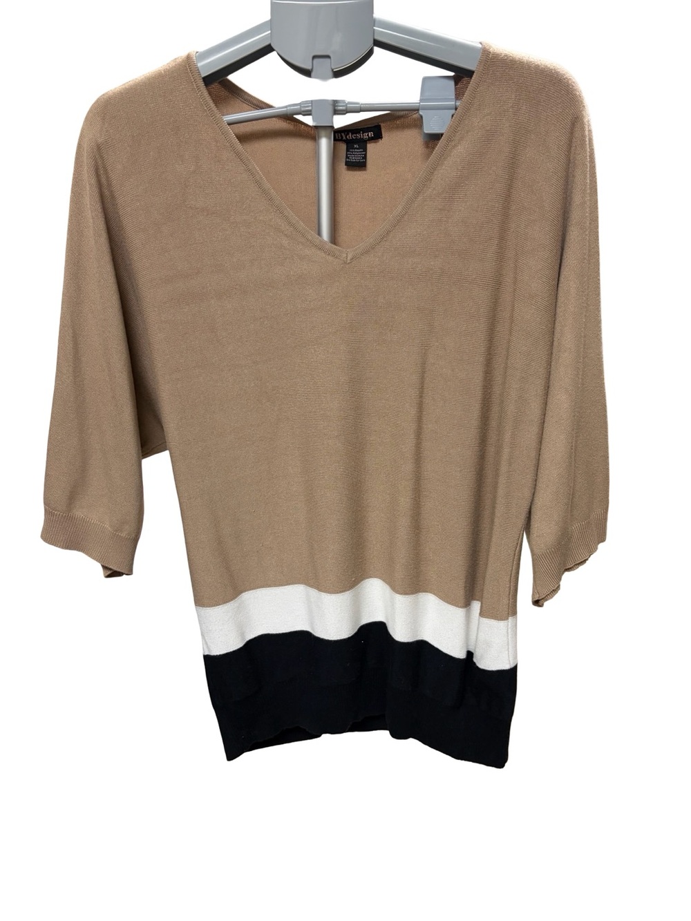 Lightweight Tan V-Neck Sweater with Black & White Trim